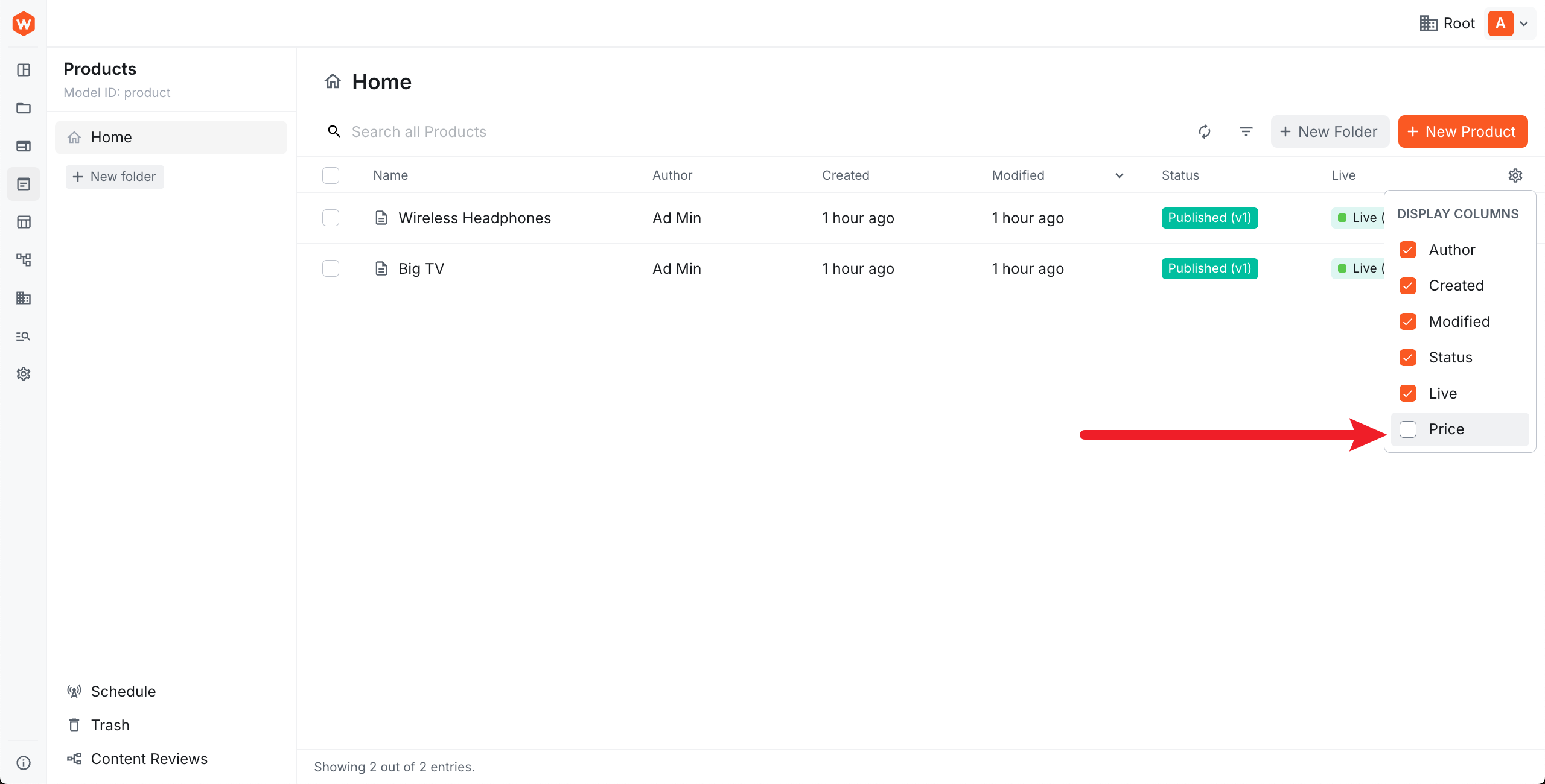 Hidden-by-default column